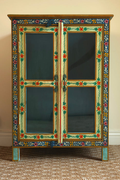 Hand Painted Indian Cabinet with glass doors